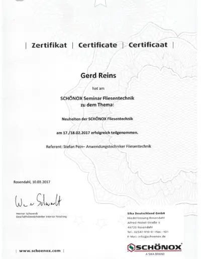 Schönox Seminar Fliesentechnik Teilnahmebestätigung