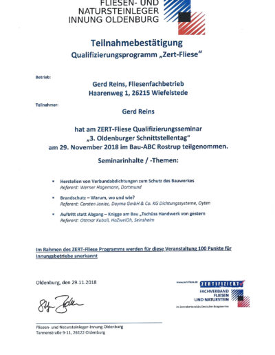 Zert-Fliese Teilnahmebestätigung Oldenburger Schnittstellentag