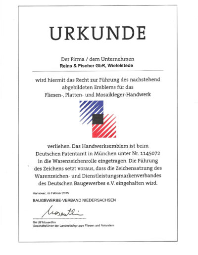 Urkunde zur Führung des Handwerksemblems Fliesen-, Platten- und Mosaikleger