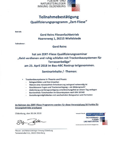 Zert-Fliese Teilnahmebestätigung Trockenbausysteme für Terrassenbeläge
