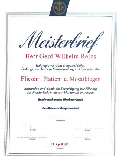 Meisterbrief im Fliesen-, Platten- und Mosaiklegerhandwerk